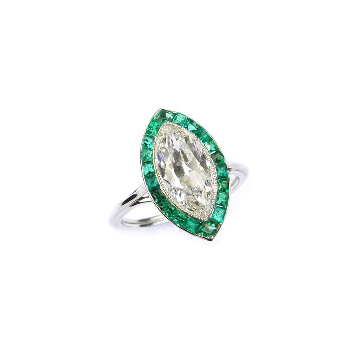 Marquise diamond and emerald cluster ring,